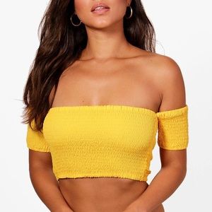 Boohoo Yellow Cinched Off the Shoulder Crop Top